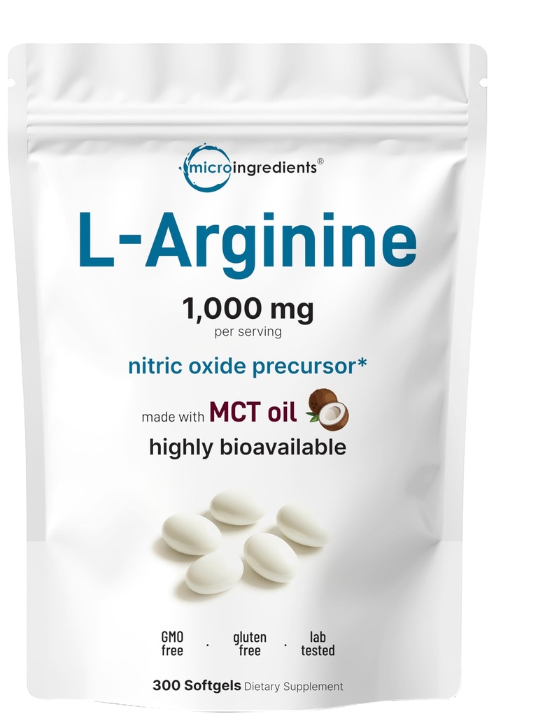 Micro Ingredients L-Arginine 1000mg with MCT Oil, 300 Softgels | Nitric Oxide Precursor* for Men & Women | Extra Strength Amino Acid Formula for Daily Wellness | Non-GMO, Gluten Free, No Soy