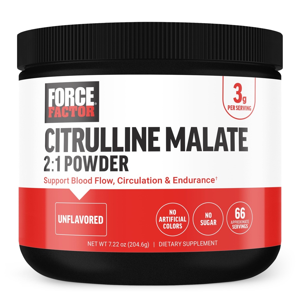 Force Factor Citrulline Malate 2:1, L Citrulline Supplement for Men to Boost Nitric Oxide, Blood Flow, Muscle Pumps, and Performance, L Citrulline Powder Pump Supplement, Unflavored, ~66 Servings