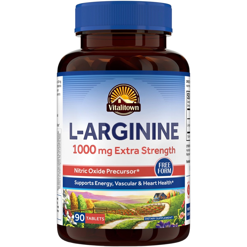 Vitalitown L-Arginine for Men & Women, 1000 mg, Nitric Oxide Booster Supplements, No Gluten, Non-GMO, Endurance, Workout, Blood Flow Support, 90 Tablets