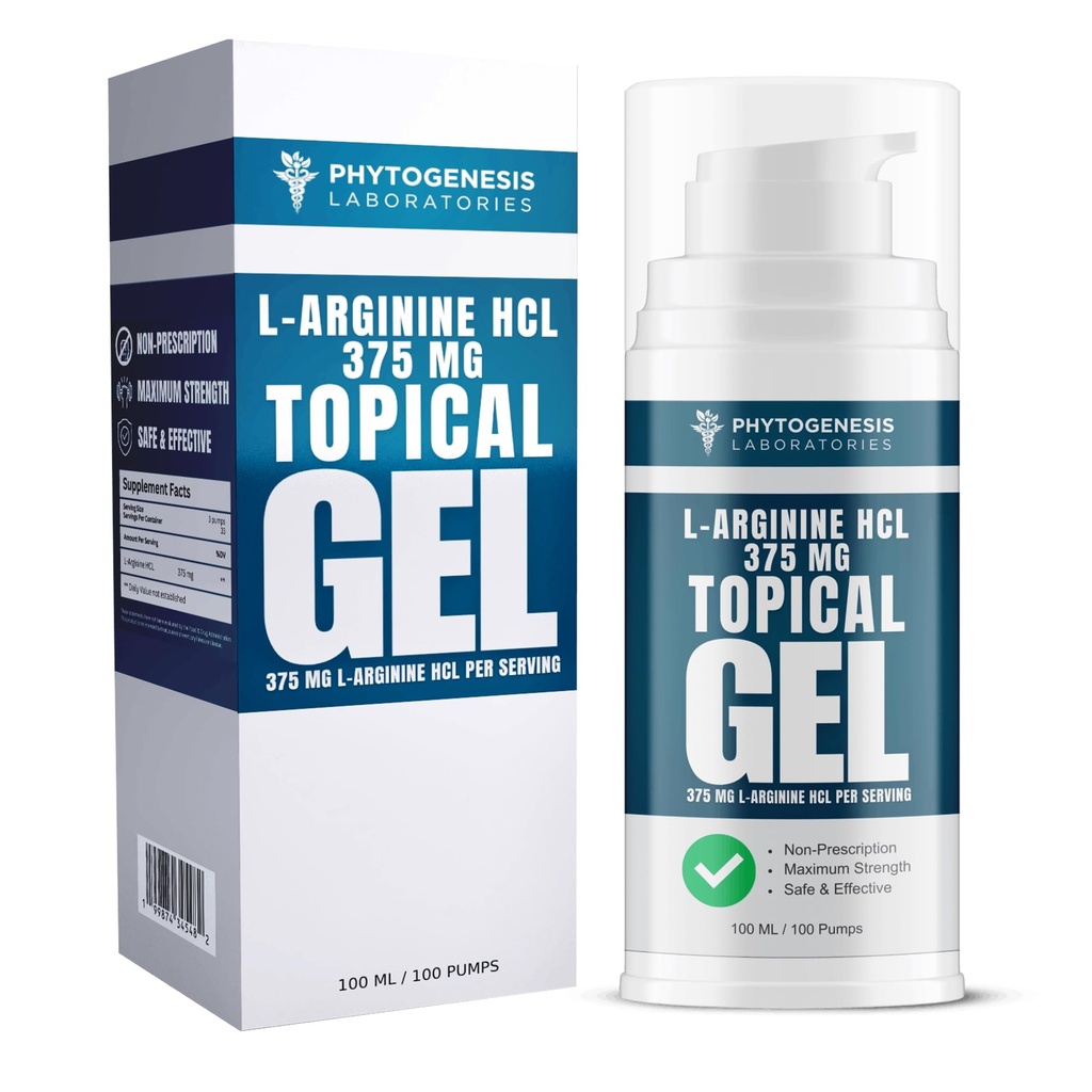 L-Arginine HCL 375mg Gel - Topical Nitric Oxide Support for Circulation & Performance - Advanced High Absorption Transdermal Formula - 375mg L-Arginine HCL per Serving