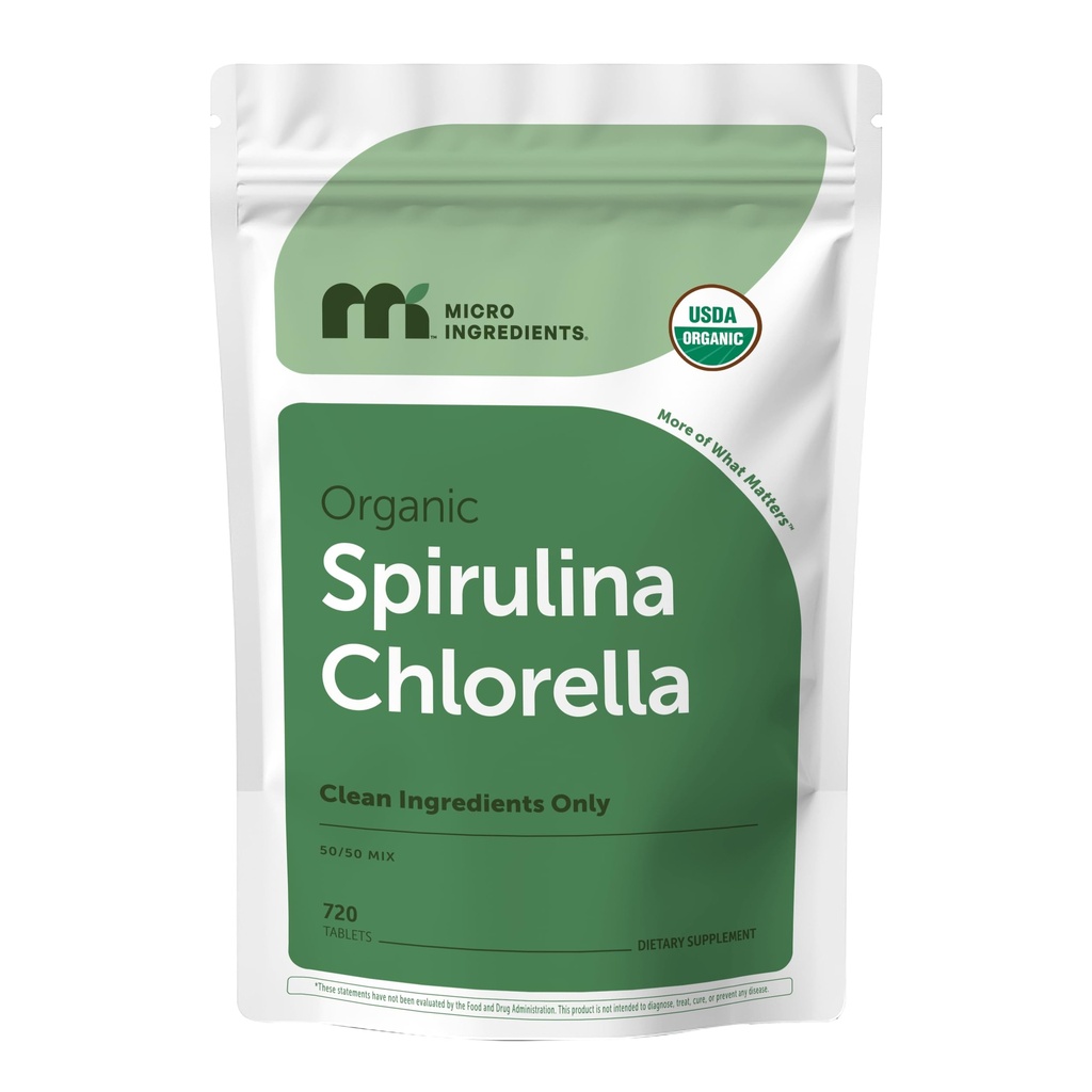 Micro Ingredients Organic Spirulina Chlorella Tablets, 720 Count | 4 Month Supply | 50/50 Algae Blend | Broken Cell Wall | Non-GMO, Filler Free