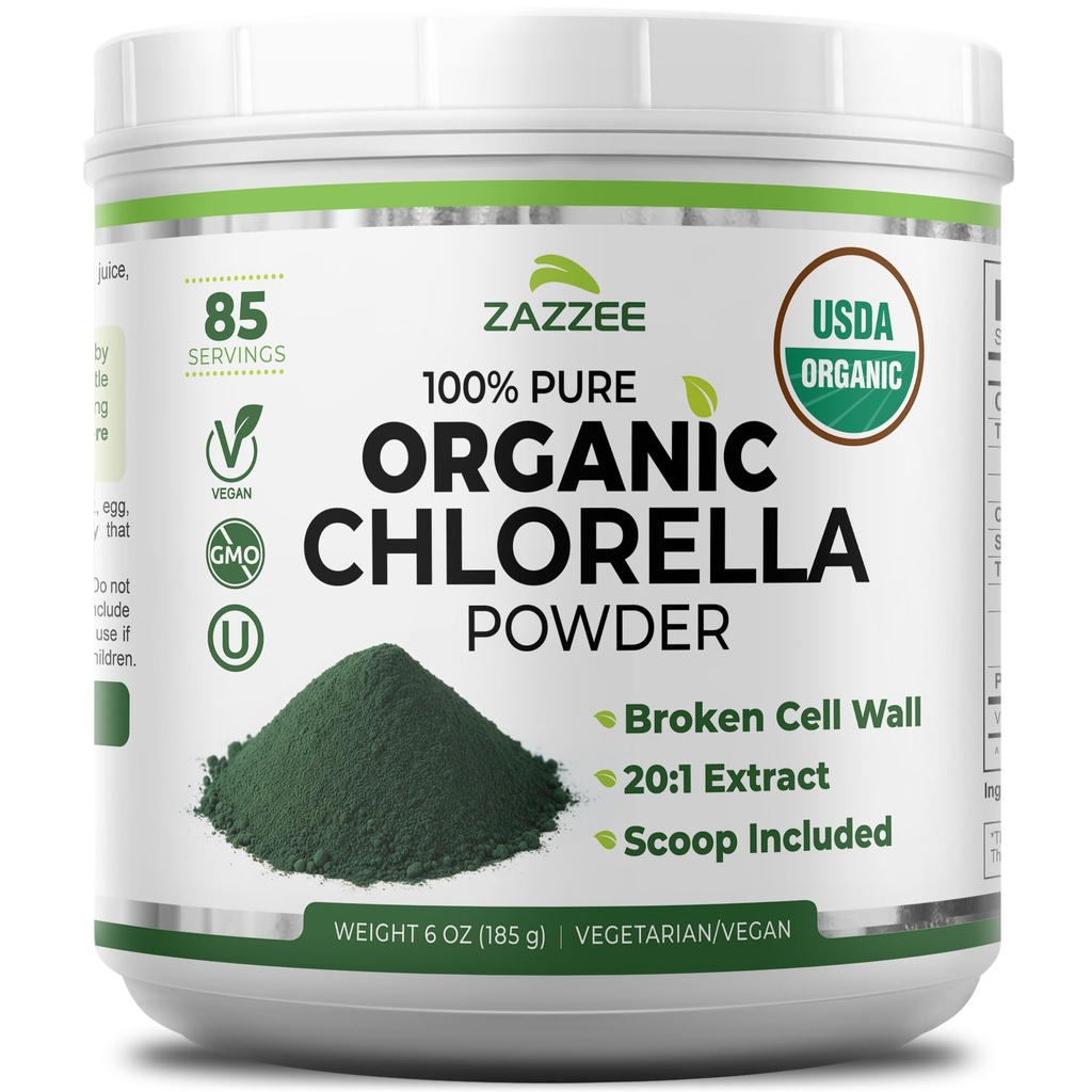 Zazzee USDA Organic Chlorella Powder, Broken Cell Wall, 6 oz, 85 Servings, Free Scoop Included, 100% Pure, 20:1 Extract, Nutrient-Dense Superfood, Green Algae Powder, All-Natural, Non-GMO, Made in USA