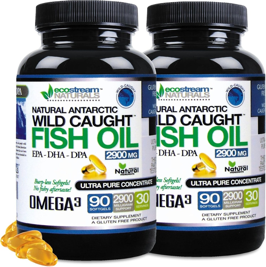 (Pack of 2) Natural Antarctic Wild Caught Omega 3 Fish Oil DPA-EPA-DHA Suplemento 2,900 Milligrams Triple Strength Ultra Pure Concentrated SoftGels - No Fish Tasting Burps