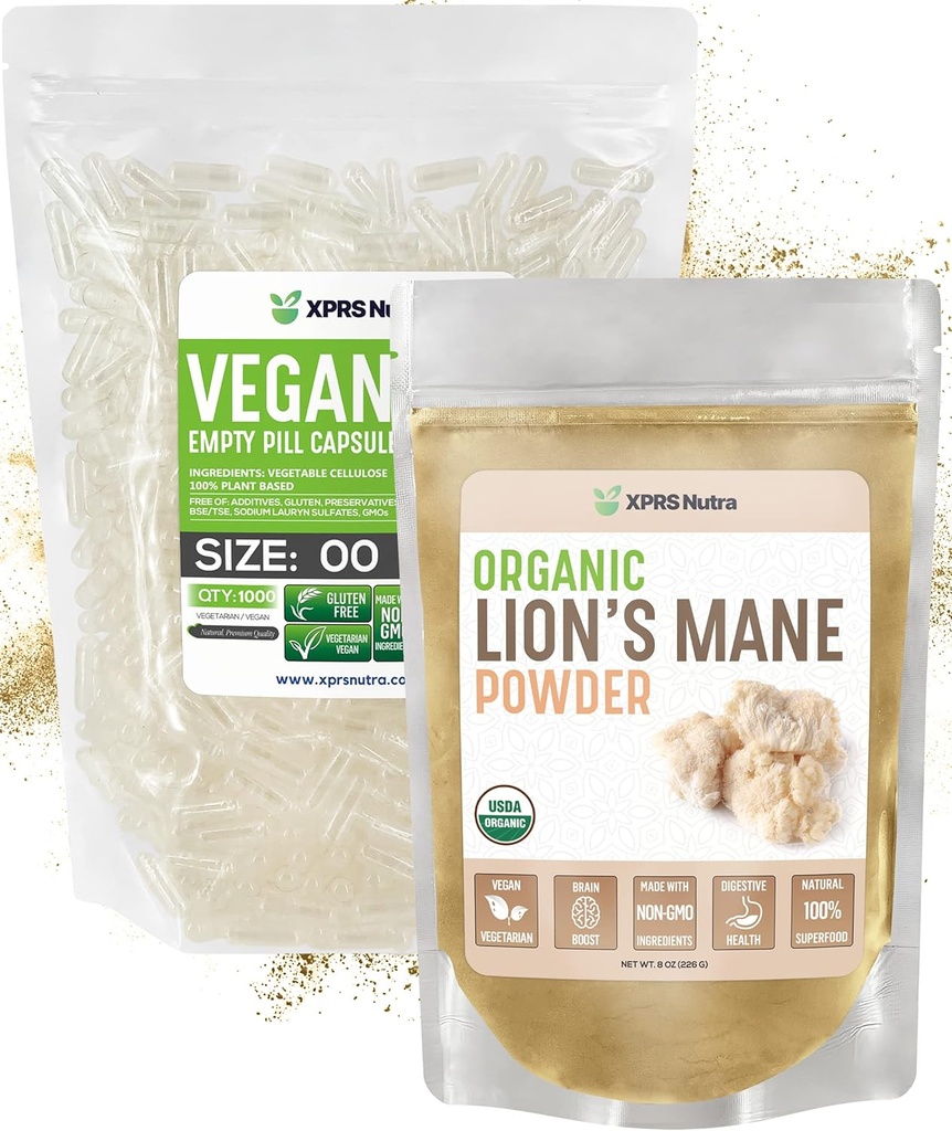 XPRS Nutra Organic Lion's Mane 8 onza con tamaño 00 Empty Capsules DIY suplemento relleno