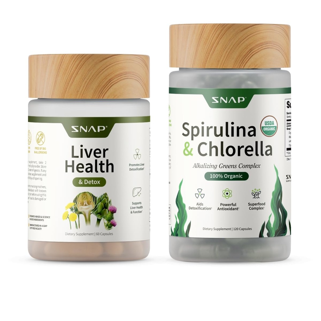 Snap Supplements Liver Health + Organic Spirulina and Chlorella Bundle, 60 + 120 Vegetarian Capsules