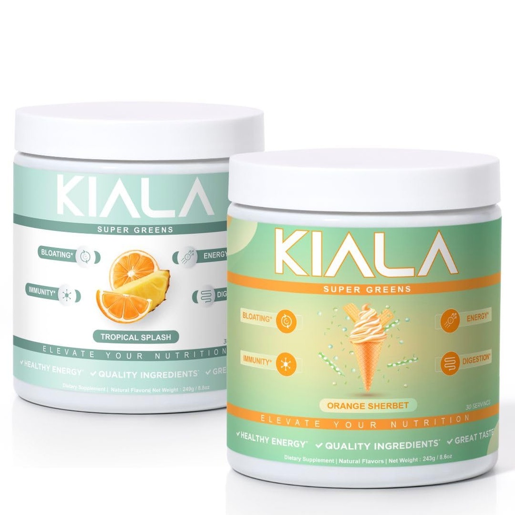 Kiala Nutrition Super Greens, Organic Greens Powder, Spirulina & Chlorella Superfood Powder, Sugar & Gluten Free Vegan, Spectra Blend, Tropical Slush Orange Sherbet,2 Pack