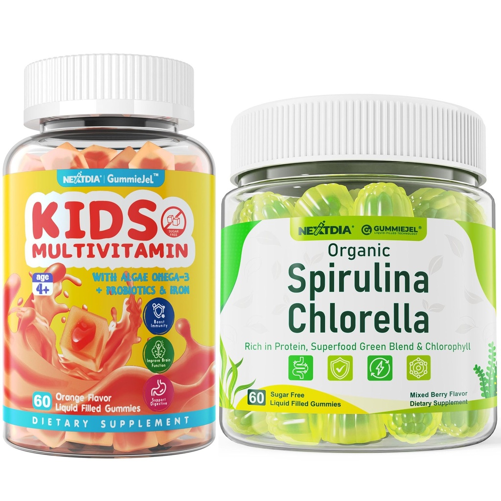 Nextdia Organic Spirulina Chlorella Gummies 1 Pack + Sugar Free Kids Multivitamin Gummies 1 Pack