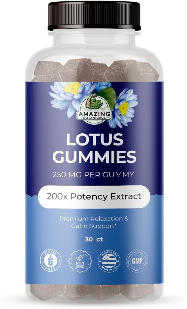 Amazing Botanicals Blueberry Lotus Flower Gummies – Premium Relax & Calm Support – Vegan, Non-GMO, Suplemento Herbal sin gluten, 250MG - Berry Flavor (30 Cuenta)