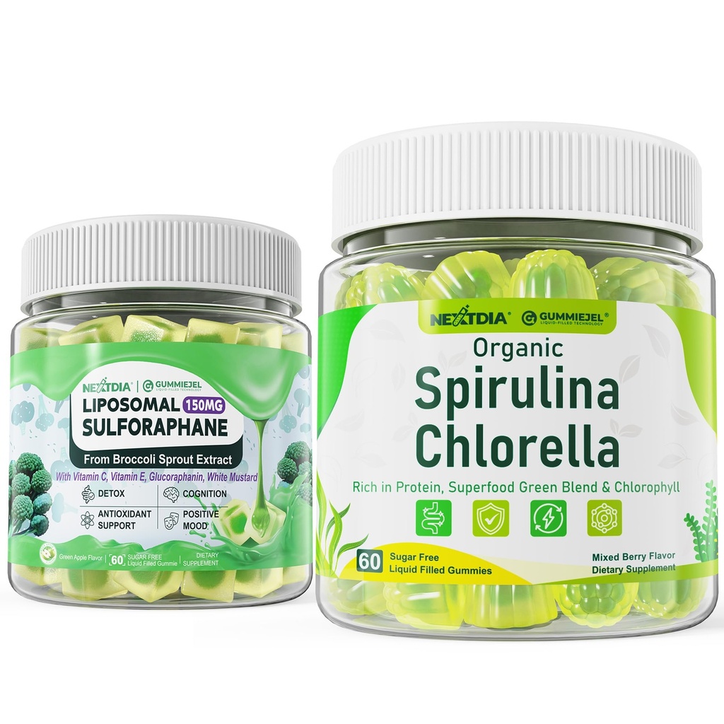 Nextdia Organic Spirulina Chlorella Gummies + Liposomal Sulforaphane Supplement