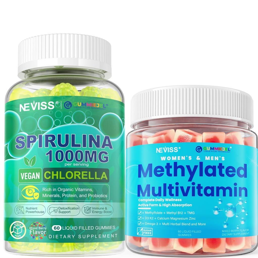NEVISS Methylated Multivitamin, Organic Spirulina & Chlorella Gummies, 2Pack