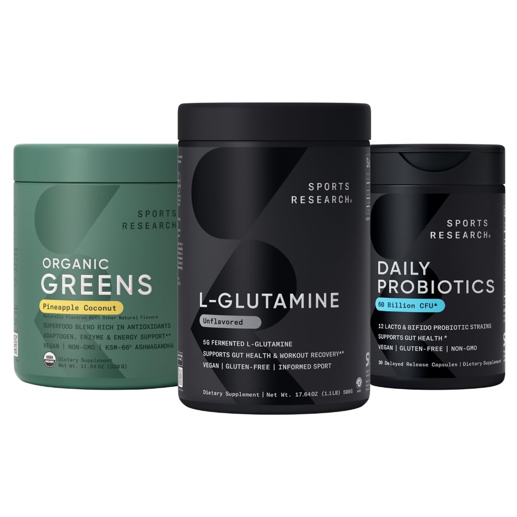 Sports Research® Bowel Trouble Pack - Daily Probiotics with Prebiotics, 60 Billion CFU + L-Glutamine + Organic Greens Superfood Powder w/Spirulina, Chlorella, Adaptogens, Enzymes, Probiotics & 8 VIT B