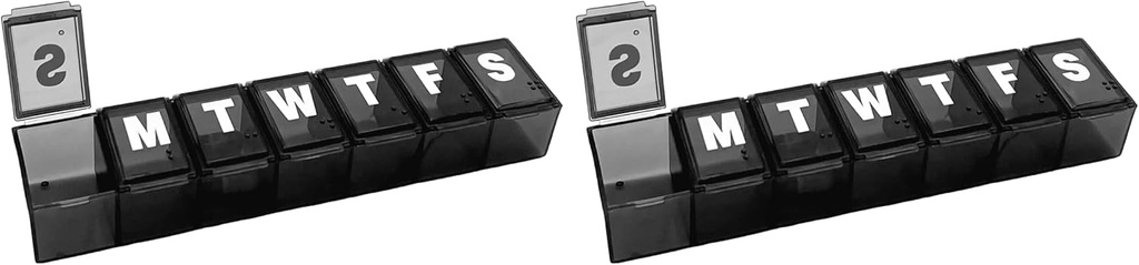 Cuidado básico semanal (7 días) Organizador de píldoras, Planificador de vitaminas y Caja de Medicina, Compartimientos Media, Negro (Pack of 2)