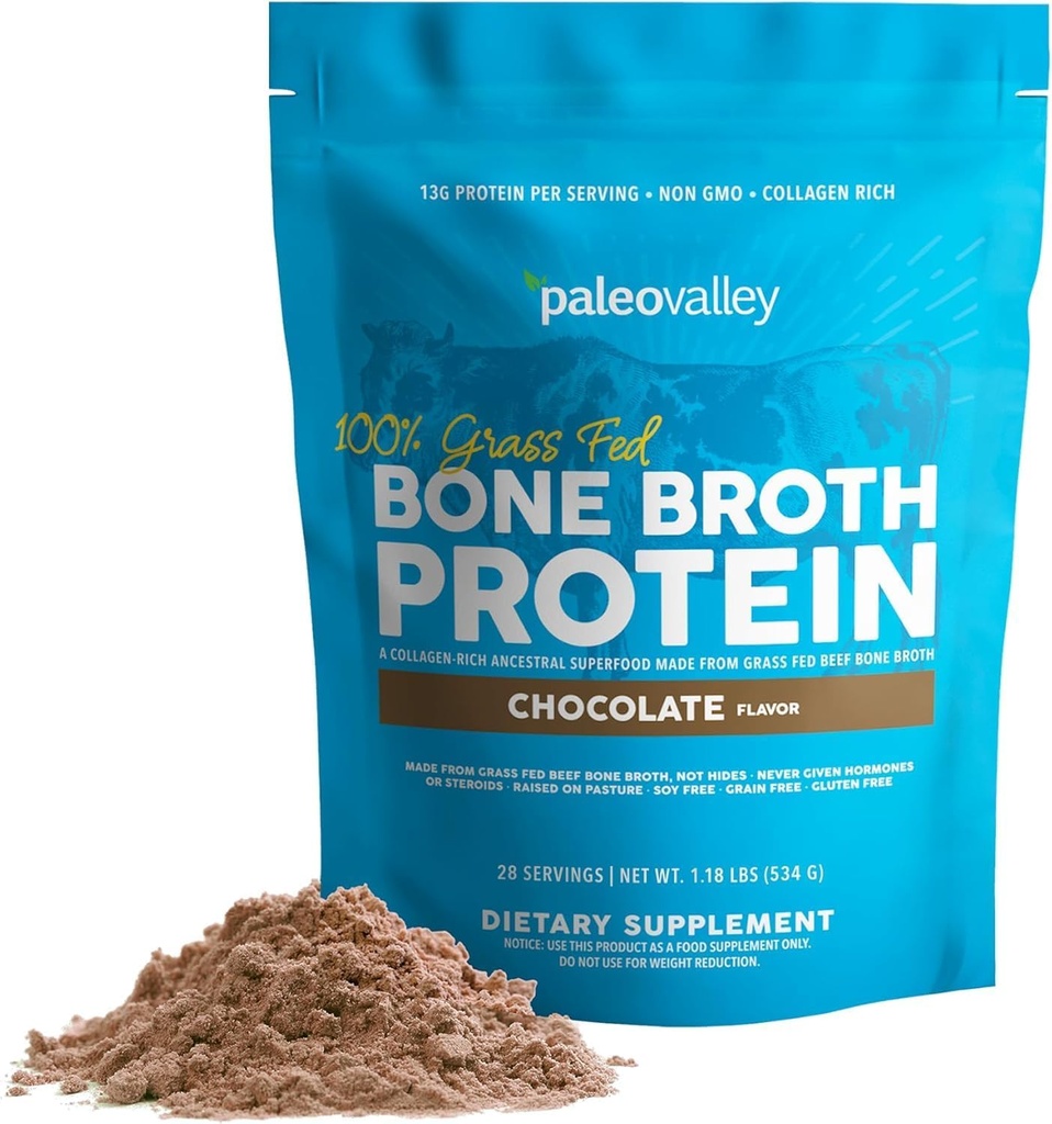 Paleovalley 100% Grass Bono de carne de vaca Broth Protein Powder - Rich in Collagen Peptides for Hair, Skin, Gut Health, Bone and Joint Support - 15g Protein Por Serving - No Gluten o GMOs - Chocolate