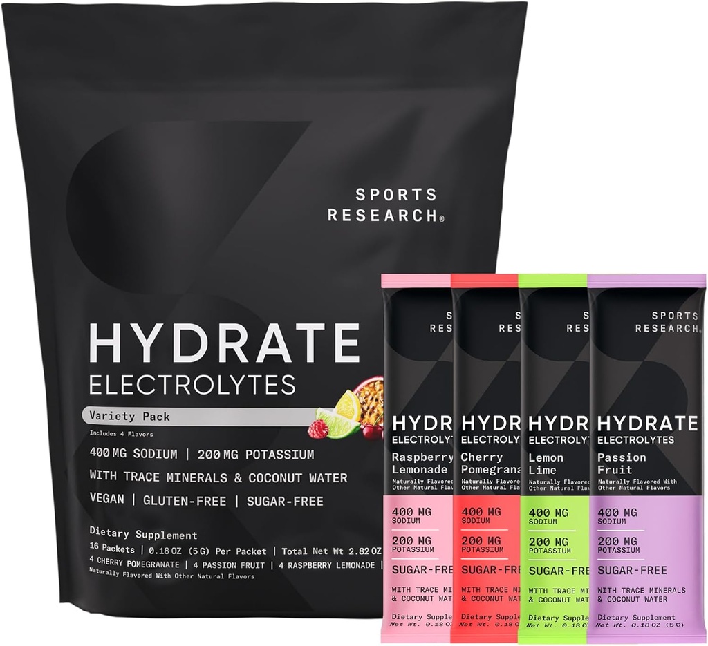 Sports Research® Hydrate Electrolytes Powder Packets - Sin azúcar &amp; naturalmente saboreado con vitaminas, minerales y agua de coco - Asistencia Hidratación - 16 Packets - Variety Pack