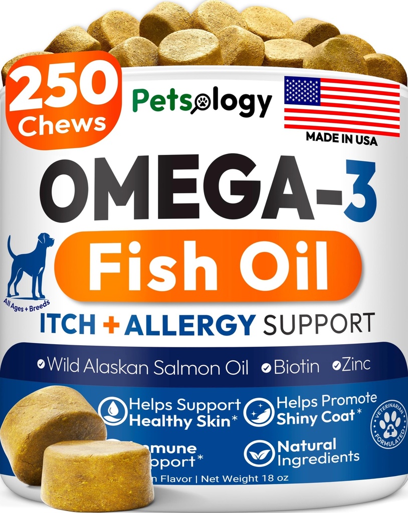 Omega 3 for Dogs - 250 Fish Oil Chews for Dog Shedding, Allergy & Itch Relief, Hot Spot Treatment - Advanced Skin & Coat Supplement - Joint Health - EPA & DHA Fatty Acids - Salmon Oil & Probiotics