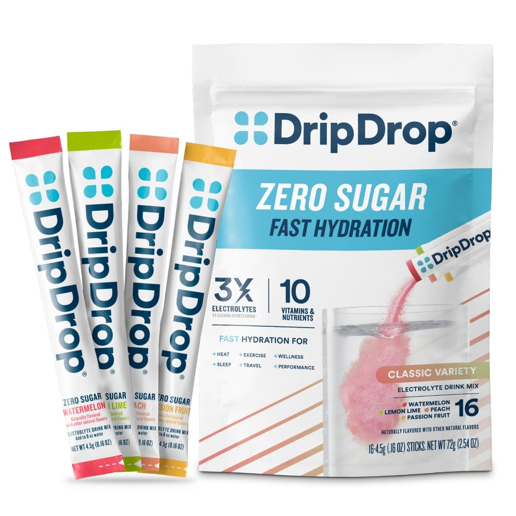 DripDrop Sugar Free Hydration Packets - Zero Classic Variety Pack - Single Serve Electrolytes Powder Drink Mix - Lemon Lime, Watermelon, Peach, Passion Fruit - Non-GMO, Gluten Free, Vegan - 16 Sticks