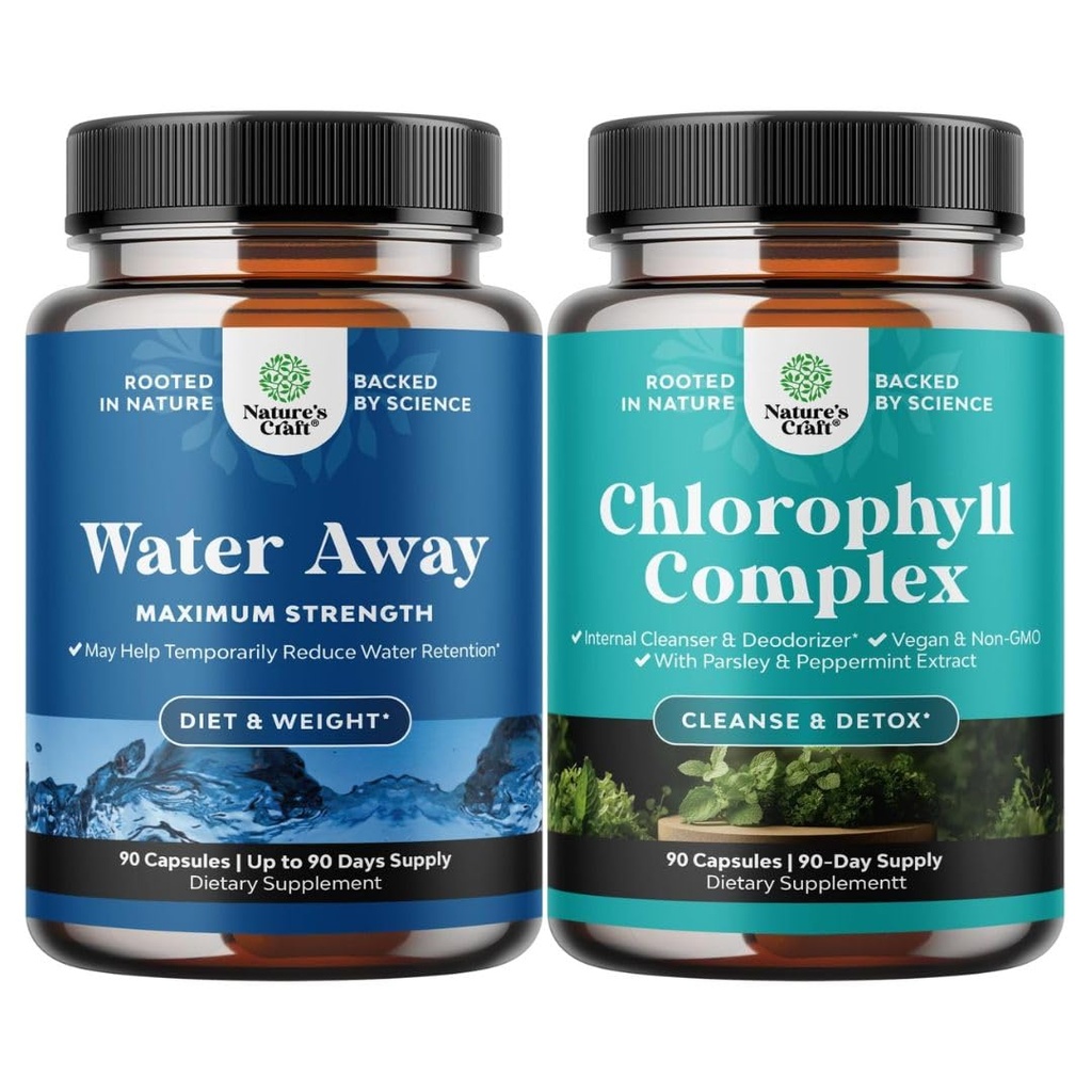 Bundle of Water Away Herbal Diuretic Pills High Strength with Dandelion Leaf Extract & Green Tea for Bloating Relief and Chlorophyll Capsules for Cleanse and Detox Support with Mint & Parsley Extract