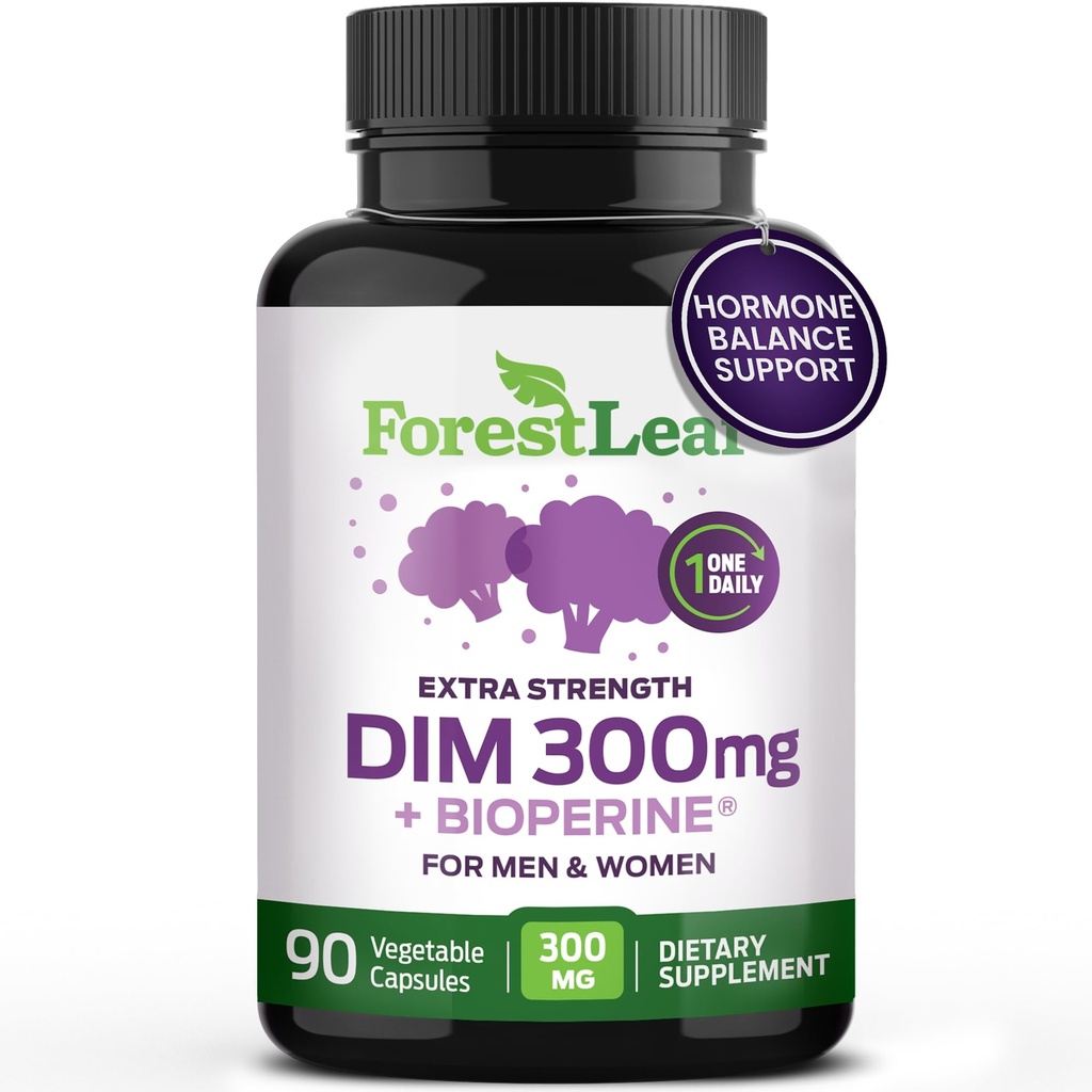 ForestLeaf DIM Supplement - 300mg DIM Estrogen Supplement for Women/Men - Diindolylmethane with BioPerine Black Pepper - Support for Detox, Metabolism, Hormone Balance & Menopause - 90 Caps