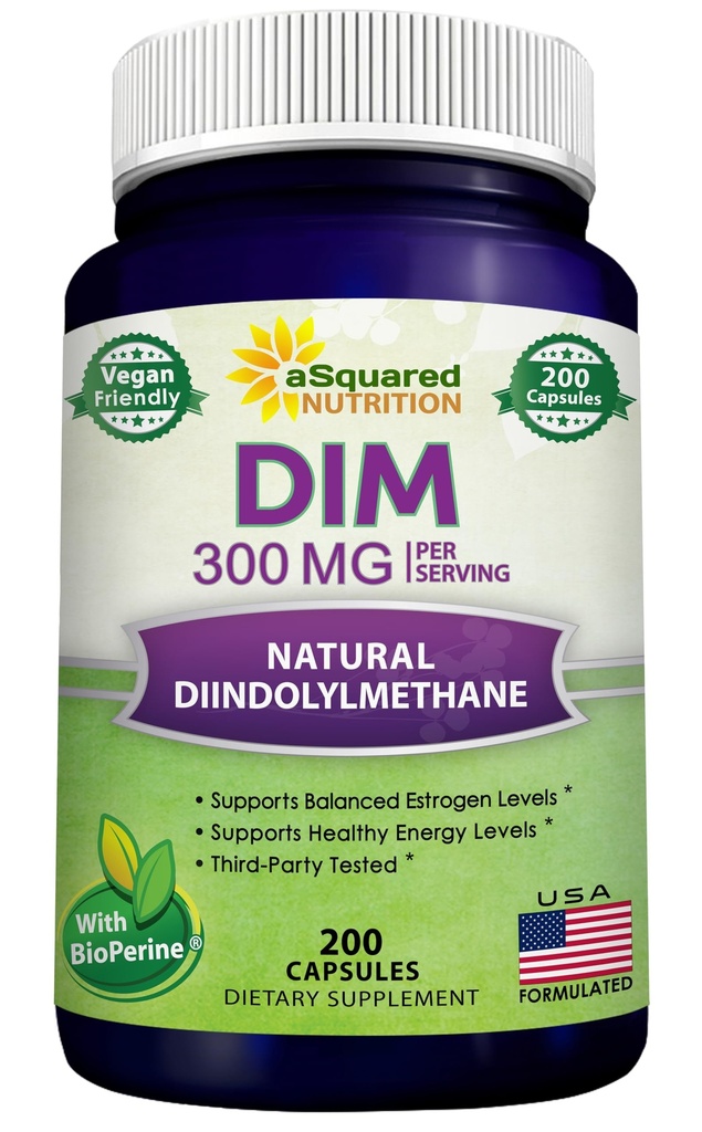 aSquared Nutrition DIM Supplement 300mg Per Serving Plus BioPerine - 200 Veggie Capsules - Diindolylmethane DIM Max Strength Pills to Support Estrogen Metabolism & Balance, Menopause, Hormonal Acne