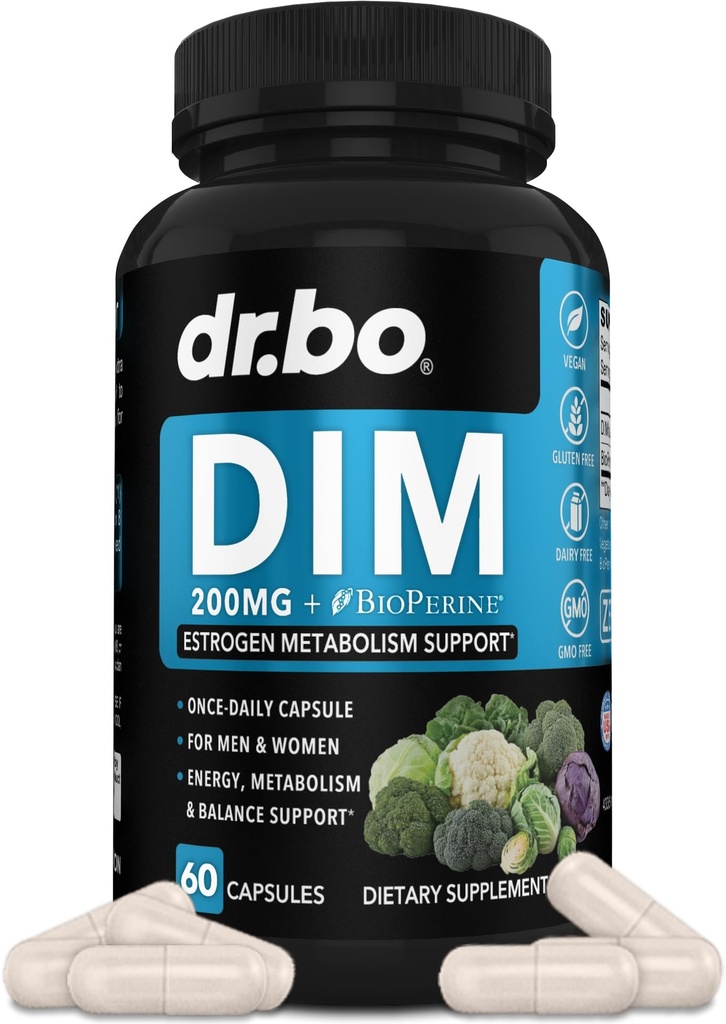 DIM Supplement for Women & Men 200mg - Androgen Estrogen Blocker for Men & Women, Hormonal Acne Pills, Hormone Balance, Menopause Support, Diindolylmethane DIM Supplement Plus BioPerine - 60 Capsules