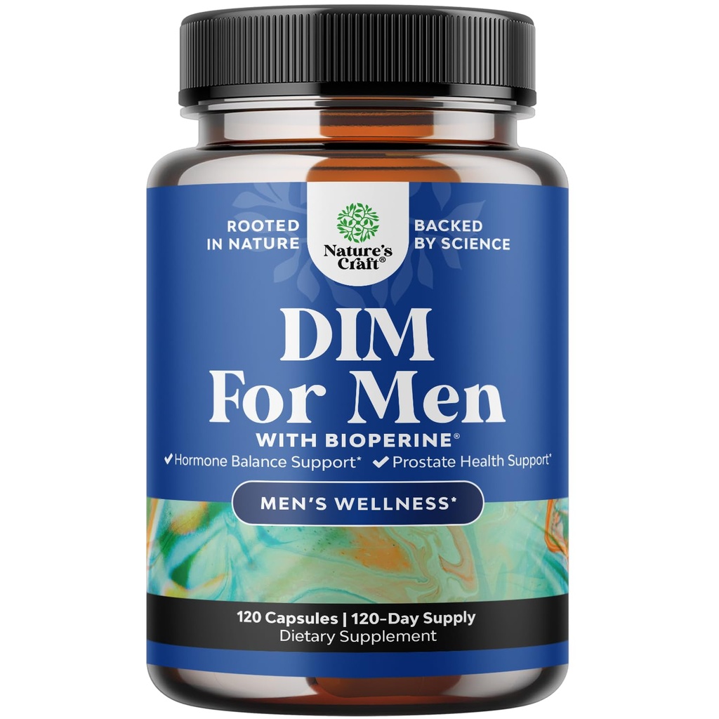 Natures Craft DIM Supplement for Men - DIM Estrogen Blocker for Men for Hormone Balance & Prostate Health - Diindolylmethane Complex with Panax Ginseng, Bioperine, Grapeseed & Astragalus - 120 Count