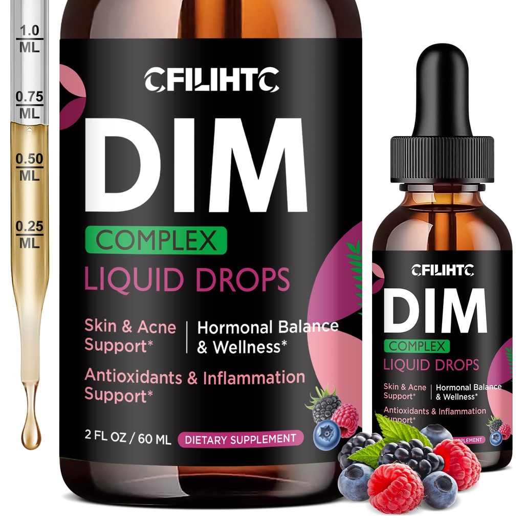 DIM Liquid Drops Supplement Women – Hormone Harmony for Women & Acne Supplements with Multivitamins, Inositol, Sulforaphane - Hormone Balance, Clear Skin & Mood Support, Mixed Berry Flavor 2 Fl Oz