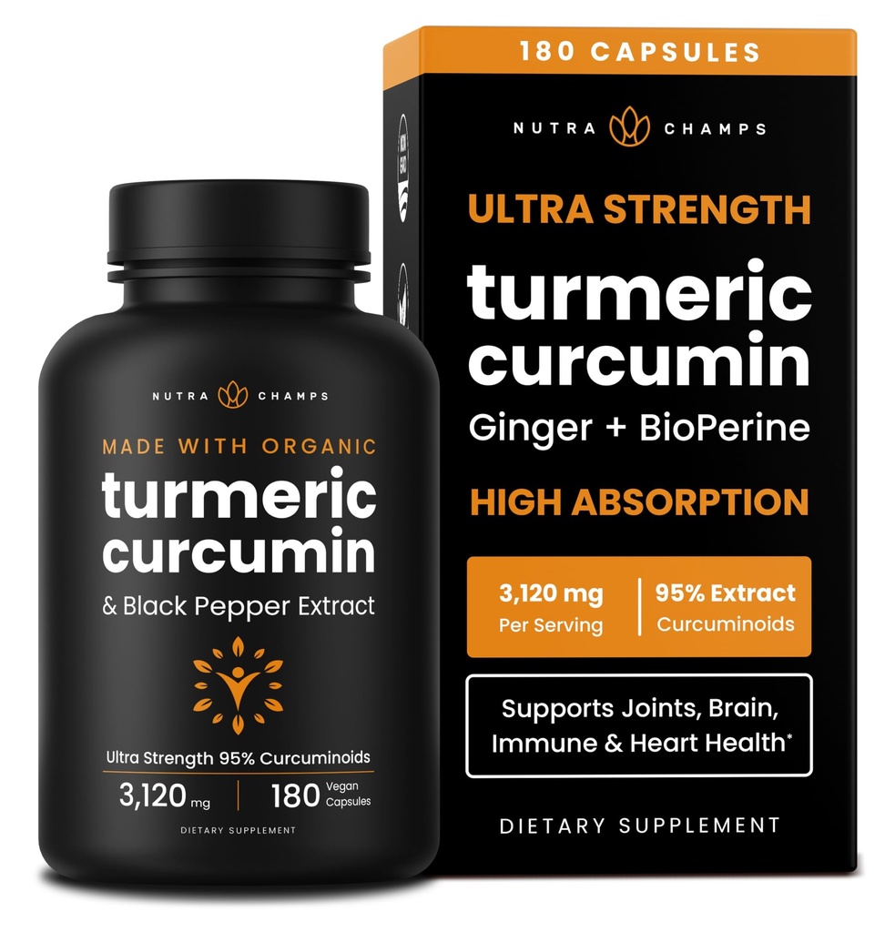 Turmeric Curcumin - 3,120 mg Complex with Ginger & Black Pepper Extract - 95% Curcuminoids - Extra Strength Turmeric Supplement for Joint Health, Brain, Heart & Immune Support - 180 Turmeric Capsules