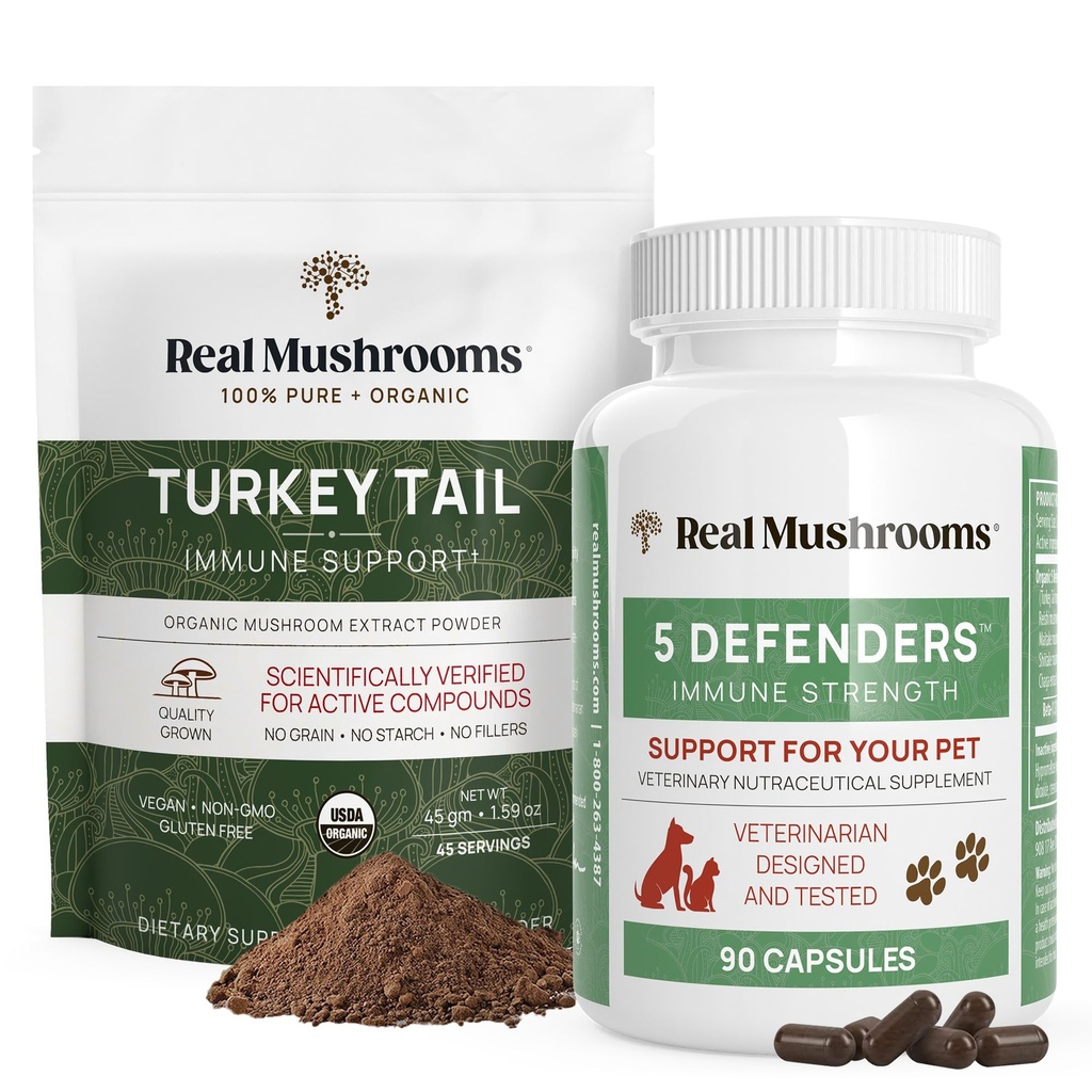 Real Mushrooms Turquía Tail Powder for Humans (45 Servings) " Turquía Tail for Pets (90ct) - Powder " Capsules Bundle for Immune Support - Vegan, Non-GMO, Grain-Free, Gluten-Free