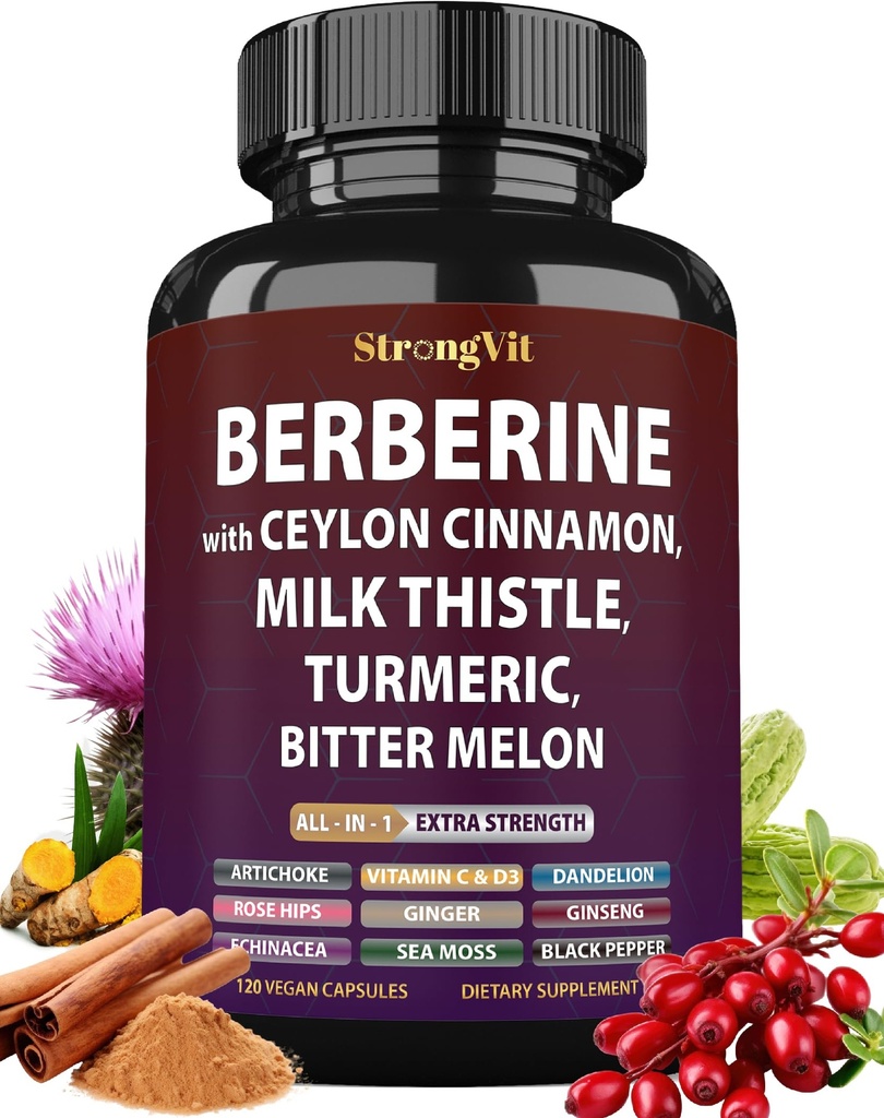 Berberine with Ceylon Cinnamon Supplement, Milk Thistle, Turmeric, Bitter Melon for Digestion, Immunity. Organic Complex for Men & Women, Non-GMO, Gluten-Free, Vegan, USA (120 Capsules)