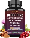 Berberine with Ceylon Cinnamon Supplement, Milk Thistle, Turmeric, Bitter Melon for Digestion, Immunity. Organic Complex for Men & Women, Non-GMO, Gluten-Free, Vegan, USA (120 Capsules)