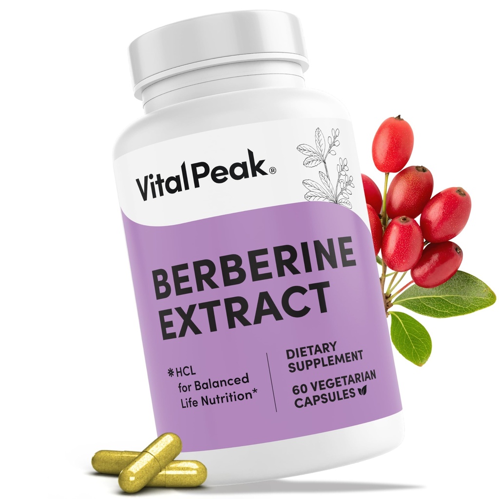 Vital Peak® Berberine HCL 1000 mg - Pure Berberine Root Extract Complex - Supports Overall Wellness, Balanced Lifestyle for Man, Women - Vegan, Gluten Free, Dairy Free, Non-GMO - 60 Capsules