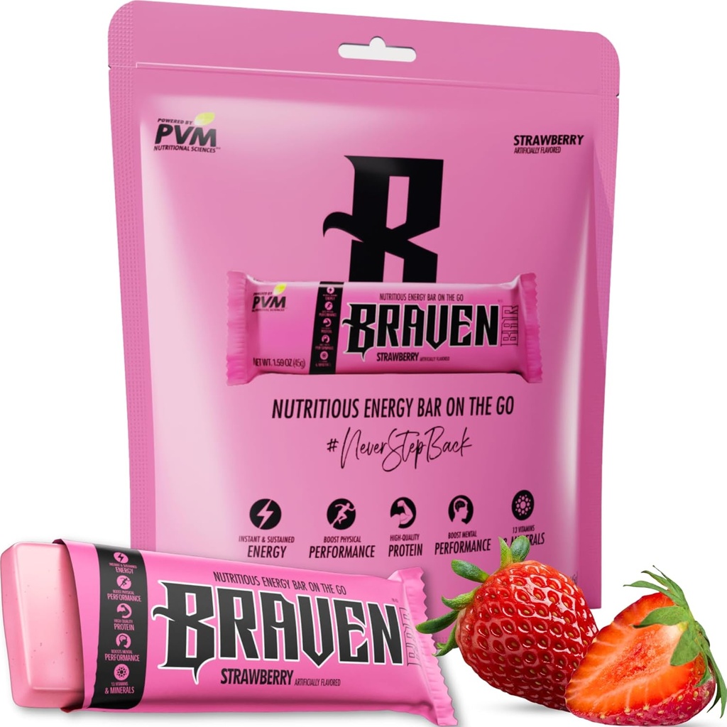 Bar Braven Bar Strawberry Energy Bar (1.59 oz, Pack of 10) – Energy Chews Alternative with 5g Protein – On-the-Go Snacks for Running, Hiking, and Sports - Gluten Free Snacks - Bares Protein