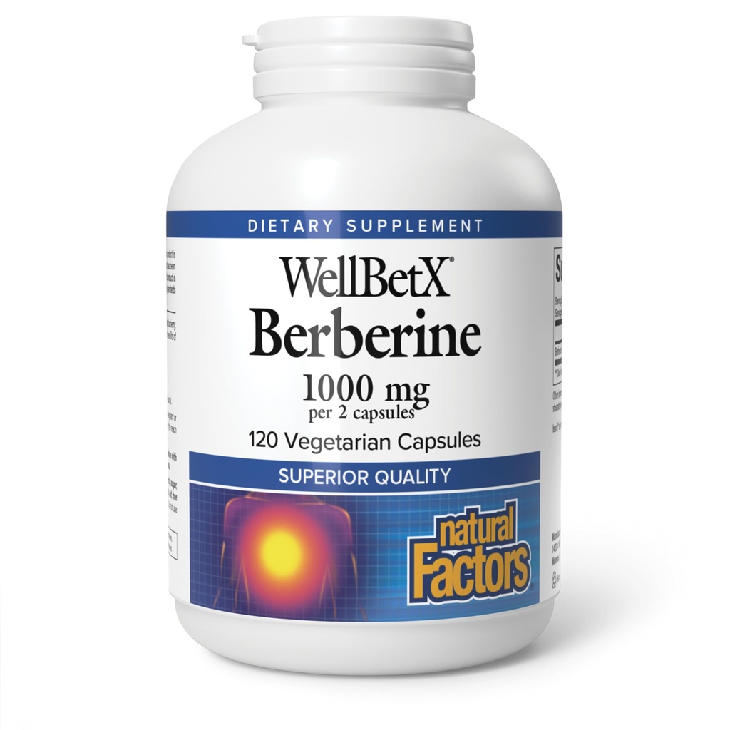 Natural Factors WellBetX Berberine - Daily Supplement Supports Metabolic Health - Formula Supports Healthy Heart - Gluten-Free & Vegan - 120 Vegetarian Capsules (120 Servings)