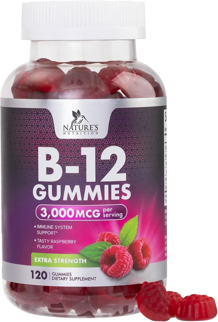 B12 Vitaminas Energy Gummies 3000 mcg - Extra Strength B 12 Gummy for Metabolism &amp; Immune System Support - Chewable Dietary B12 Suplementos para adultos &amp; niños Caffeine Free Gummy Vitamin - 120 Gummies