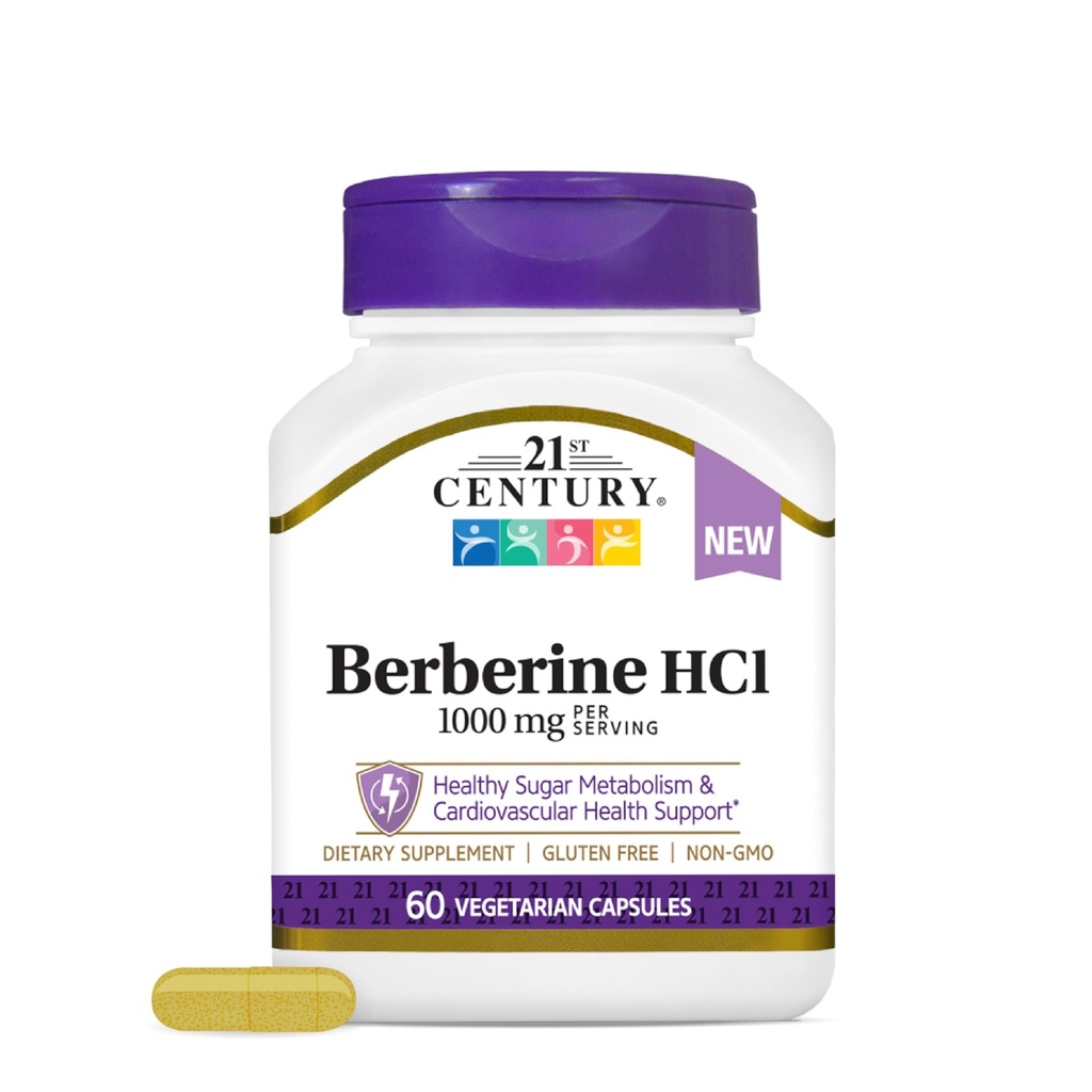 21st Century Berberine HCl 1000 mg Per Serving, (60 Count), Helps Support Healthy Sugar Metabolism & Cardiovascular Health, Vegan, Non-GMO, Gluten Free, Berberine Supplement, 30 Servings