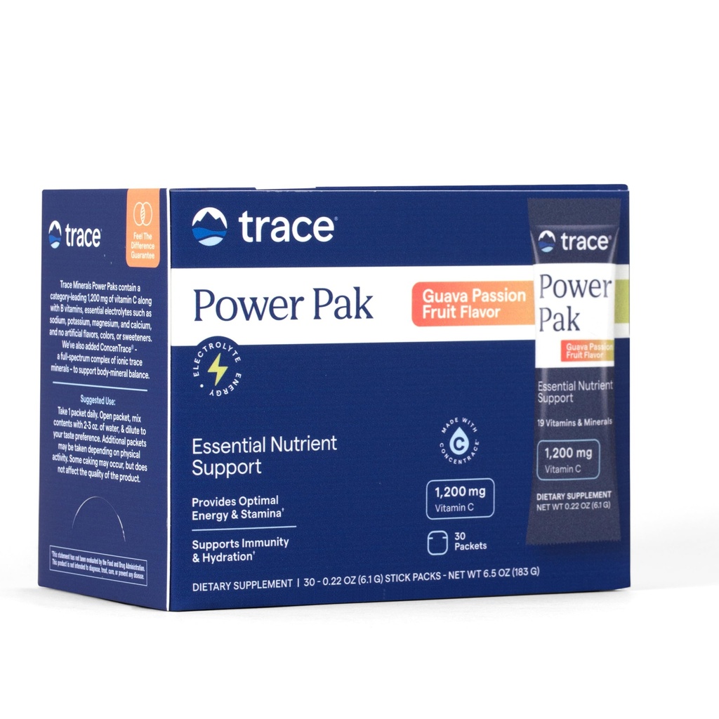 Trace Minerals Power Pak Electrolyte Powder Packets 30-Pack 1200 mg Vitamin C Zinc Magnesium Guava Passionfruit Hydration Drink Mix for Immunity Energy and Recovery