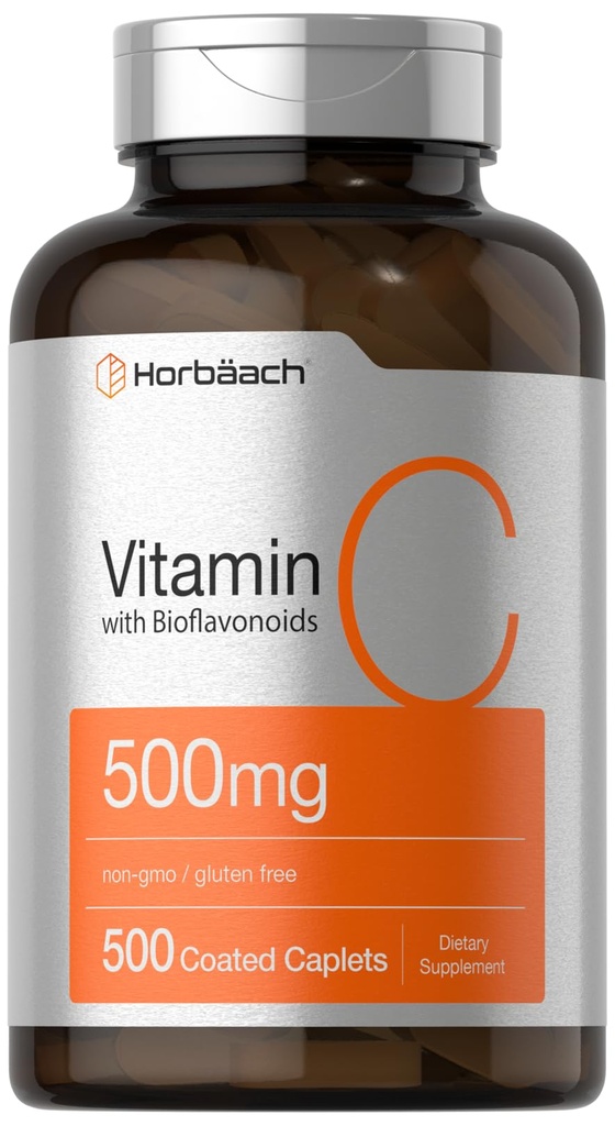 Horbäach Vitamin C 500mg | 500 Caplets | with Bioflavonoids and Rose HIPS | Supplement for Women and Men | Vegetarian, Non-GMO, and Gluten Free