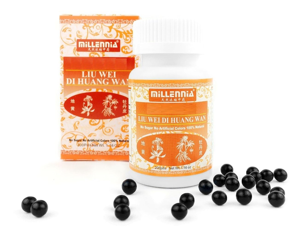 MILLENNIA Herbal Supplement Pills with Six Flavors Rehmannia - Liu Wei Di Huang Wan - 1 Bottle (200 Pills)