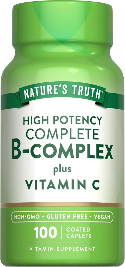 Verdad de la naturaleza Complejo de vitamina B Plus Vitamina C ← 100 cápsulas ← Vegan, No GMO &amp; Gluten Suplemento gratuito
