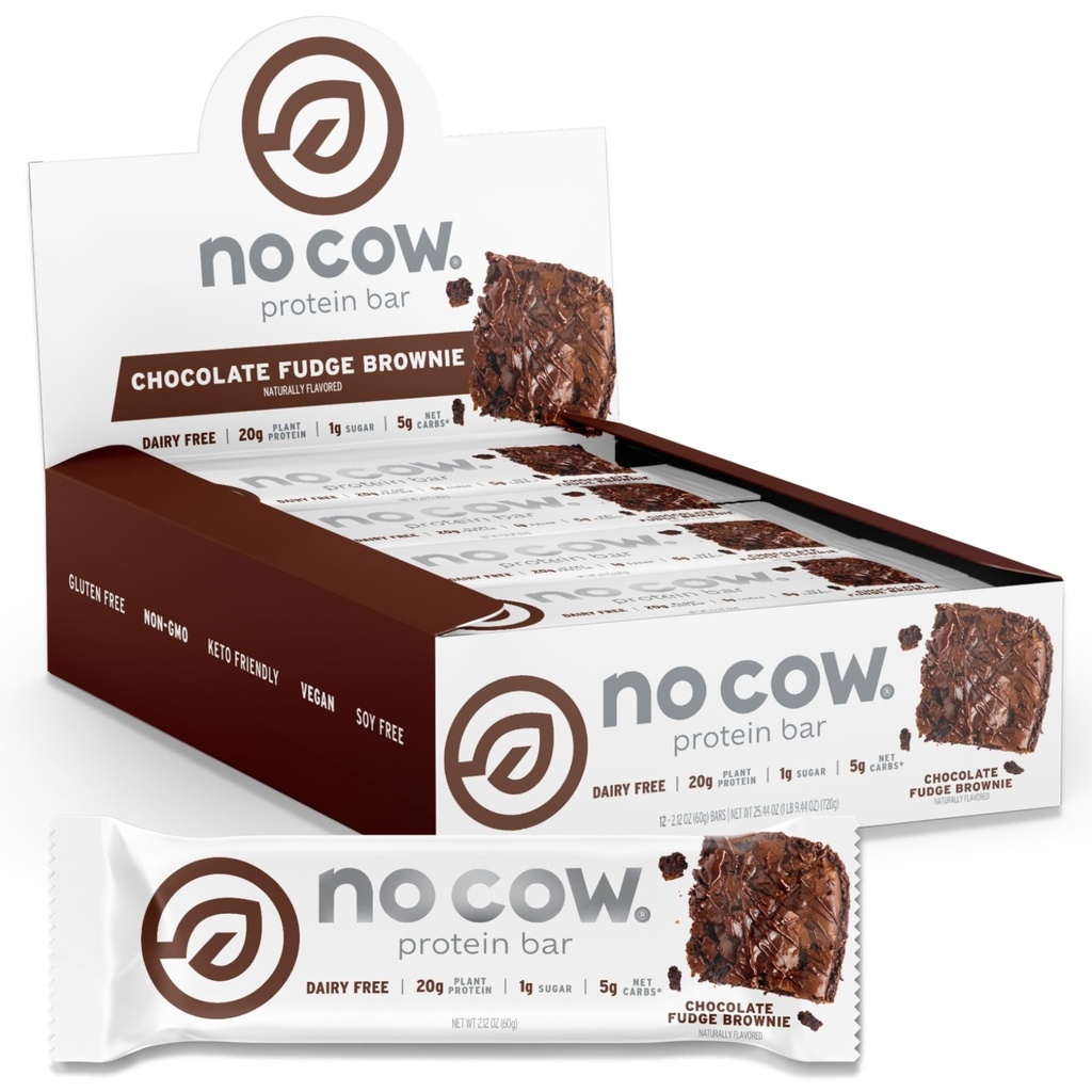 No Cow Vegan Protein Bars, Upgraded Chocolate Fudge Brownie | 20g Plant Based Protein, Gluten Free, Dairy Free, Soy Free, Keto Friendly, Low Sugar, High Fiber Snack Bars | Pack of 12