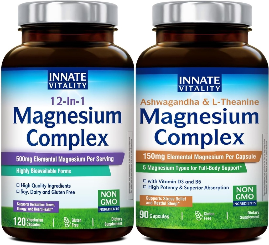 Innate Vitality Magnesium Complex Bundle – 12-in-1 Magnesium (500mg Elemental) + Magnesium with Ashwagandha, L-Theanine, Vitamin D3 & B6, Full Spectrum Support for Sleep, Stress, Nerves, Heart & Bones