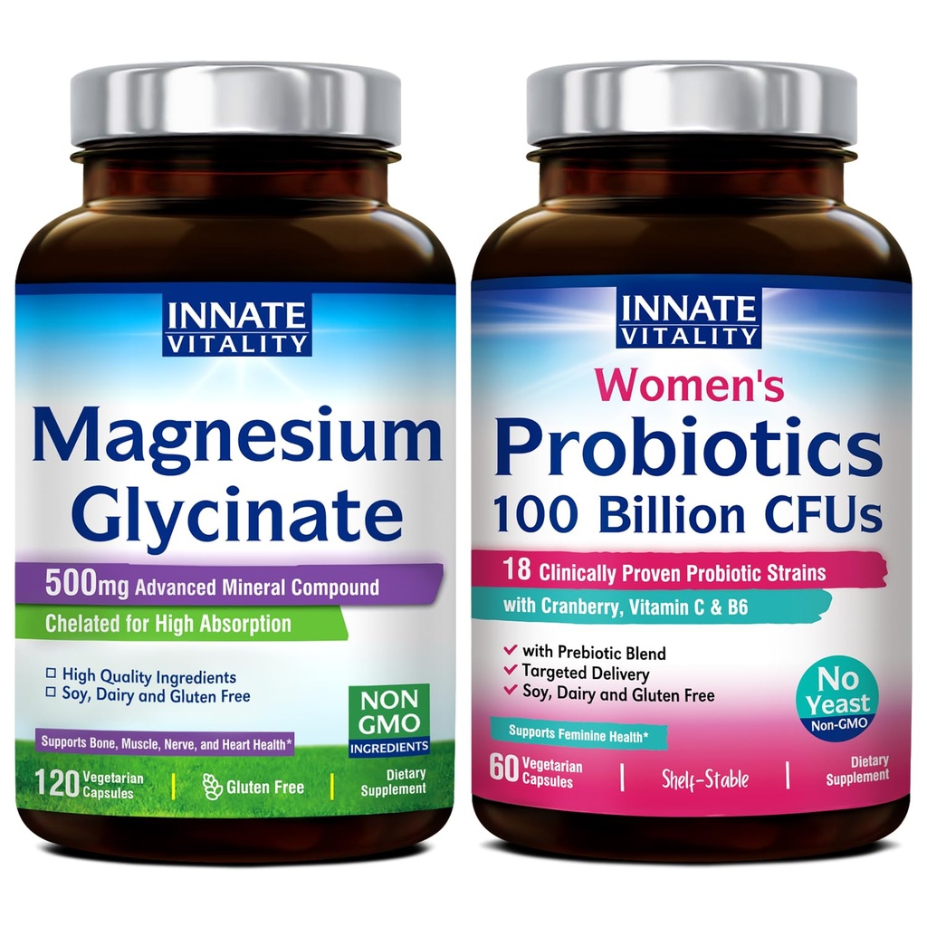 Innate Vitality Magnesium Glycinate & Women's Probiotics Bundle, Non-GMO, No Gluten Dairy Soy & Vegan, Magnesium (120 Caps) & Probiotic (60 Caps)