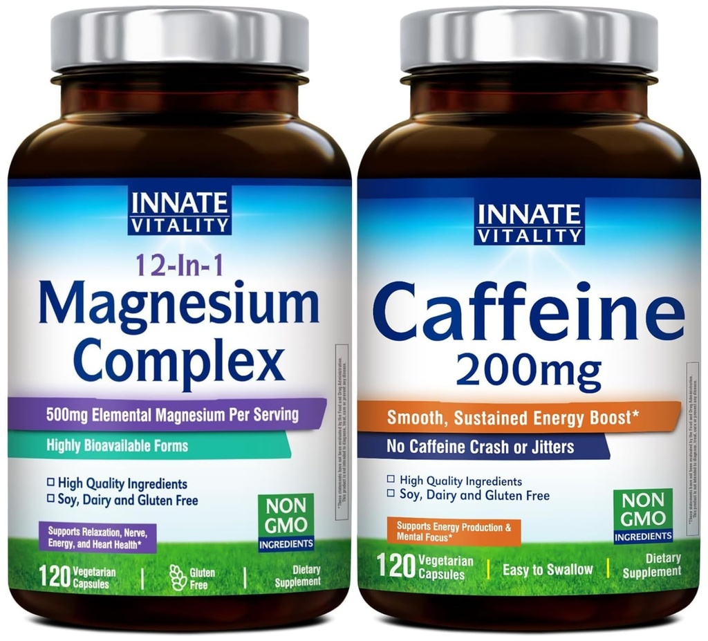 Innate Vitality 12-in-1 Magnesium Complex and Caffeine Capsules Bundle, Non-GMO Dietary Supplement Capsules, 120 Vegan Capsules Each