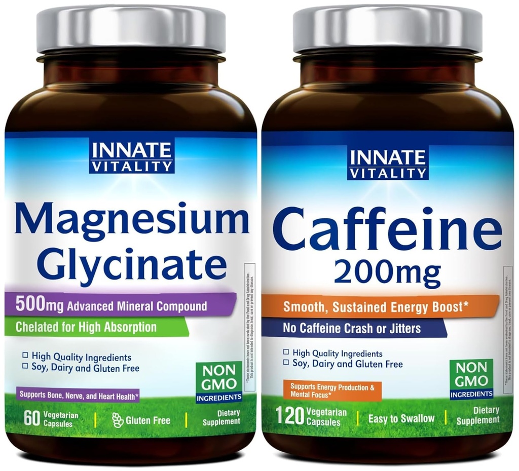 Innate Vitality Magnesium Glycinate and Caffeine Capsules Bundle, Non-GMO Dietary Supplements, Vegan Capsules