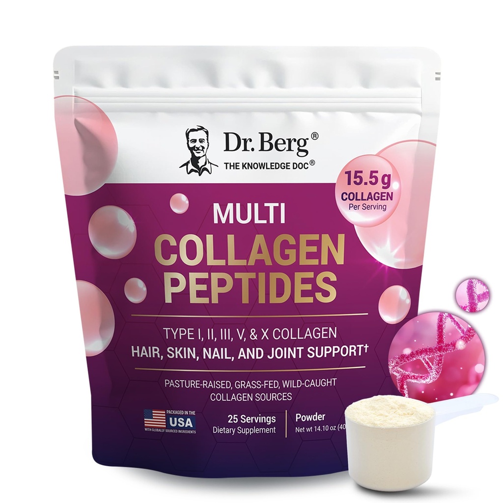 Dr. Berg Multi Collagen Peptides Powder Types I, II, III, V, X - Unflavored Collagen Powder w/ 14 g of Protein - Grass-Fed, Pasture-Raised & Wild-Caught Collagen Sources - 25 Servings