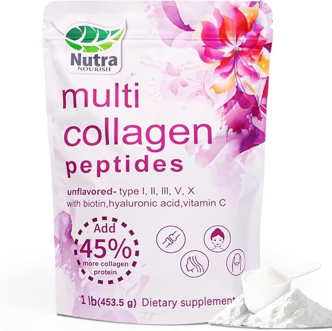 Multi Collagen Peptides Powder, 2LB | (Type I, II, III, V, X) with HyaluronicAcid, Biotin & Vitamin C,Supports Hair, Skin & Joint Health,Unflavored