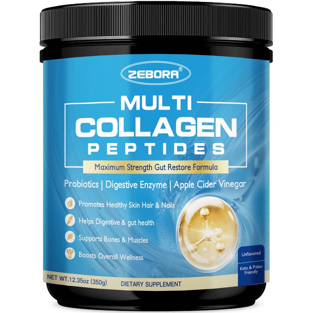 ZEBORA Multi Collagen Peptides Powder with Probiotic for Gut Health, Hydrolyzed Collagen with Digestive Enzymes, Prebiotics for Women, Support Digestive Health, Skin, Hair, Joints, Non-GMO,35 Servings