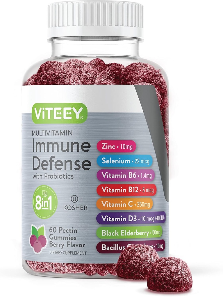 Viteey Multivitamin Gummies 8 in 1 Immune Support Supplement with Probiotics - Immune Boosters for Adults & Teens - Vegetarian, Gelatin Free, GMO Free - Chewable Berry Flavored Pectin Immune Defense