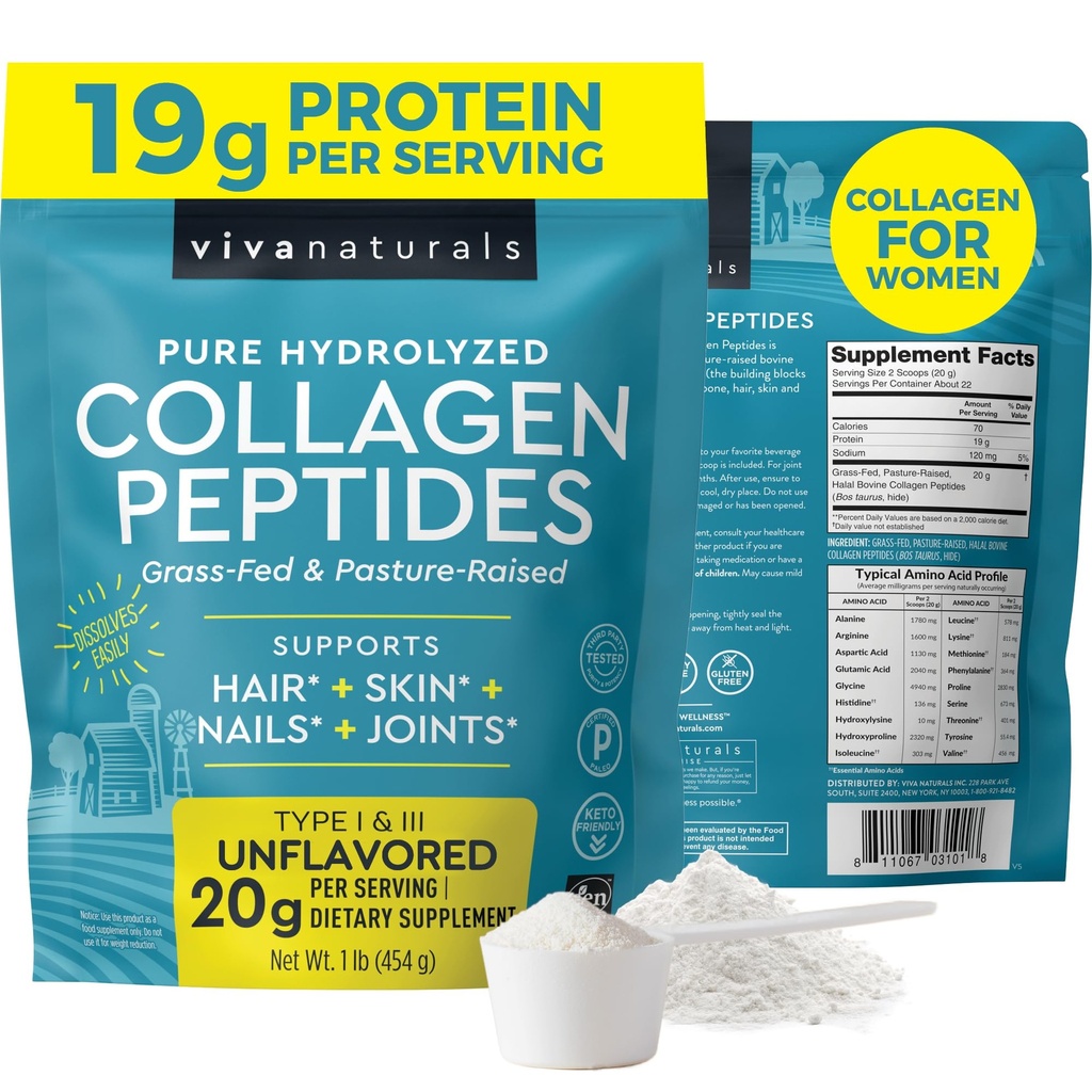 Viva Naturals Collagen Peptides Powder - Grass-Fed Hydrolyzed Bovine, Type I & III - 19 g Protein, Unflavored, Easy Dissolving - Joint, Skin, Hair & Nail Support - Paleo, Keto, Non-GMO - 1lb