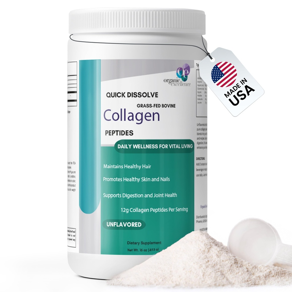 Organic Excellence Collagen Peptides, Grass-Fed Bovine Unflavored Collagen Powder Type I & III Hydrolyzed Collagen, Support Skin, Joints, Gut, Hair, Nails, Non-GMO, 12g Protein/Serving, 16 oz (453g)